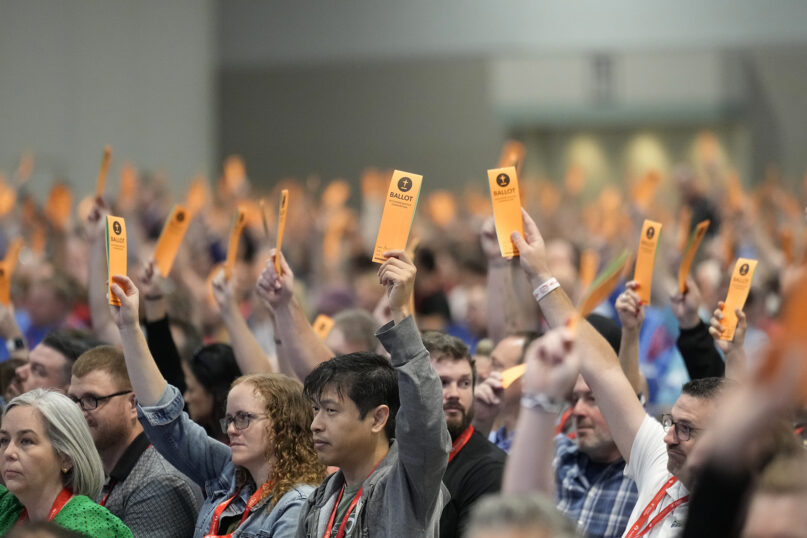 Messengers vote at the Southern Baptist Convention annual meeting at the Indiana Convention Center in Indianapolis, June 12, 2024. (RNS Photo/AJ Mast)