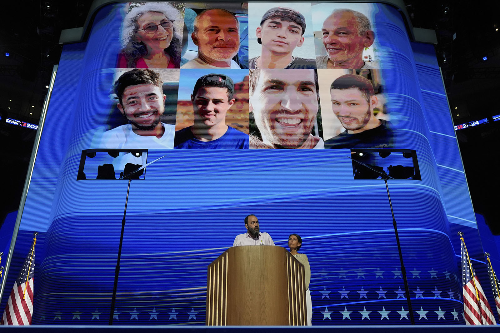 Jon Polin and Rachel Goldberg-Polin, parents of hostage Hersh Goldberg-Polin, speak during the Democratic National Convention Wednesday, Aug. 21, 2024, in Chicago. (AP Photo/Erin Hooley)