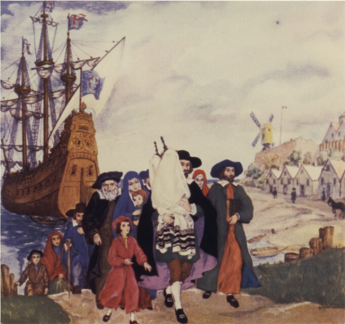 Manischewitz matzo box cover issued in honor of the Tercentenary, depicting 1654 arrival of 23 souls big and little to New Amsterdam. (Box 7, Folder 5, American Jewish Tercentenary Celebration Collection, I - 11: Series IV, American Jewish Historical Society, Boston and New York)