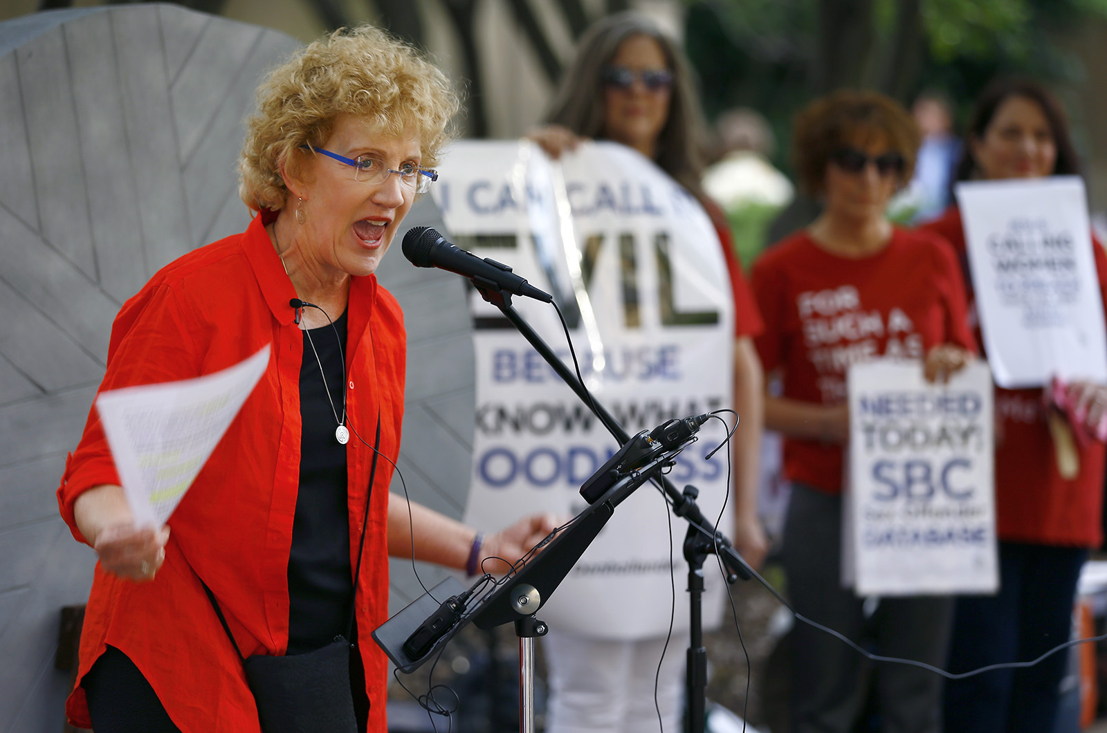 Christa Brown speaks about experiencing abuse, at a rally outside the annual meeting of the Southern Baptist Convention at the Birmingham-Jefferson Convention Complex, on June 11, 2019, in Birmingham, Ala. (RNS photo/Butch Dill)