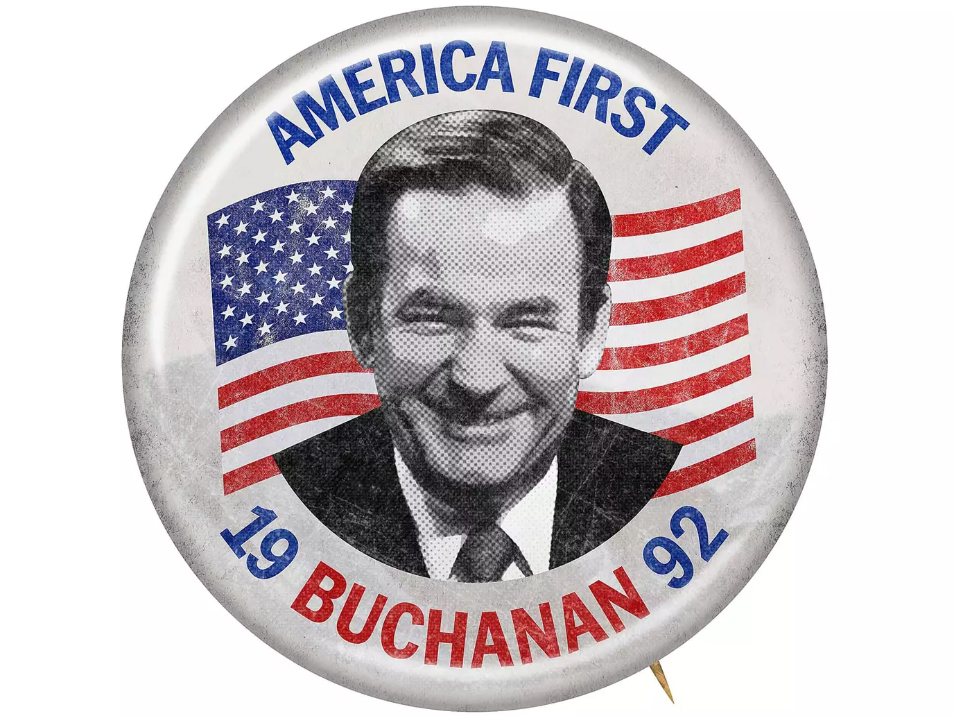 A Pat Buchanan American First button from the 1992 campaign. (Courtesy image)