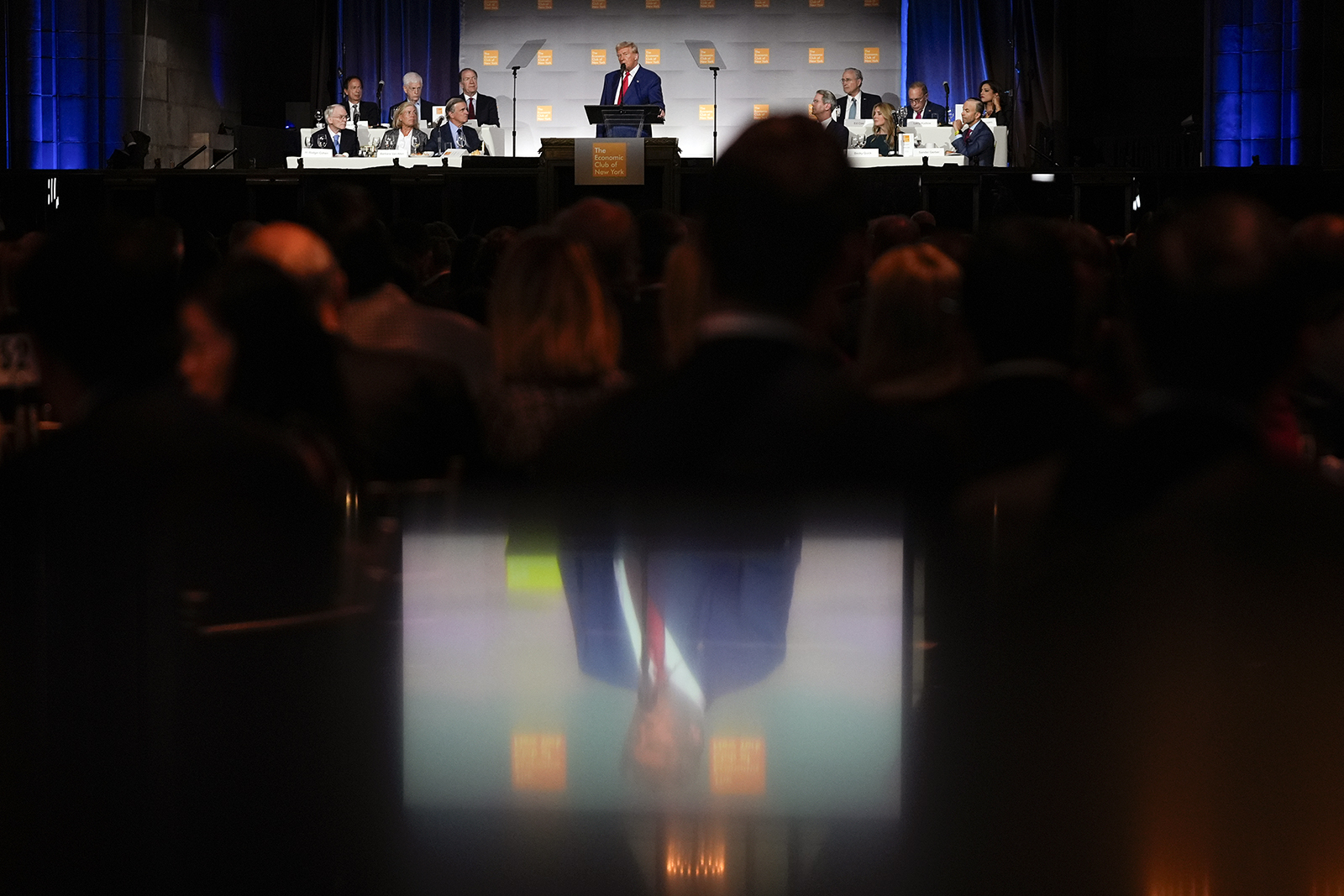 Republican presidential nominee former President Donald Trump speaks during a campaign event at the Economic Club of New York, Thursday, Sept. 5, 2024, in New York. (AP Photo/Pamela Smith)