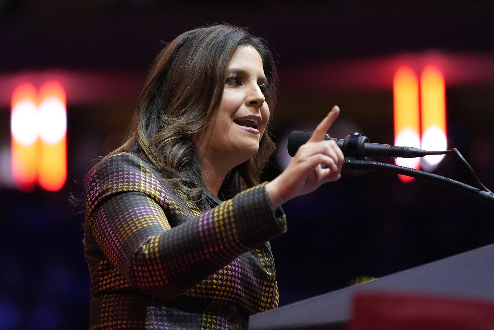 FILE - Rep. Elise Stefanik, R-N.Y., speaks before Republican presidential nominee former President Donald Trump during a campaign rally at Madison Square Garden, Oct. 27, 2024, in New York. President-elect Donald Trump has chosen Rep. Elise Stefanik to serve as his ambassador to the United Nations. (AP Photo/Alex Brandon, File)