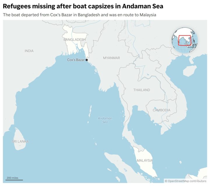 At least 250 people missing, including Rohingya and Bangladeshis, after boat sinks in Andaman Sea