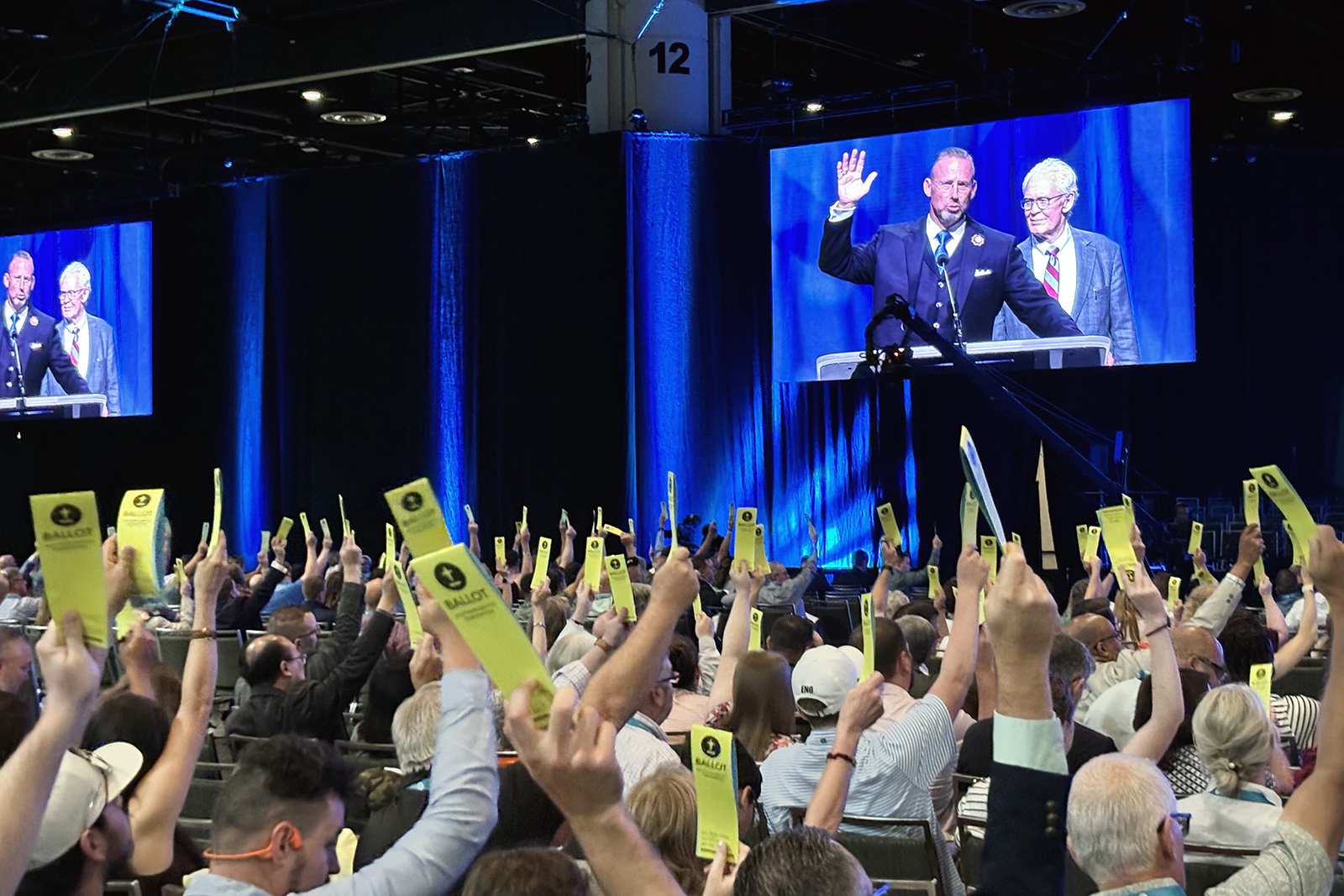 President Clint Pressley, on video screen, calls a vote during the Southern Baptist Convention annual meeting, Wednesday, June 10, 2026, at the Orange County Convention Center in Orlando, Fla. (RNS photo/Bob Smietana)
